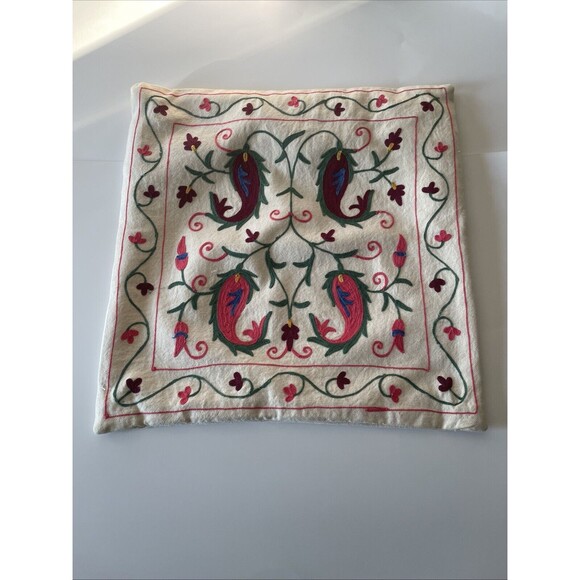 Handmade In Kashmir  embroidered Throw Pillow Case 18x18 Wool Cotton Blend - Picture 1 of 7